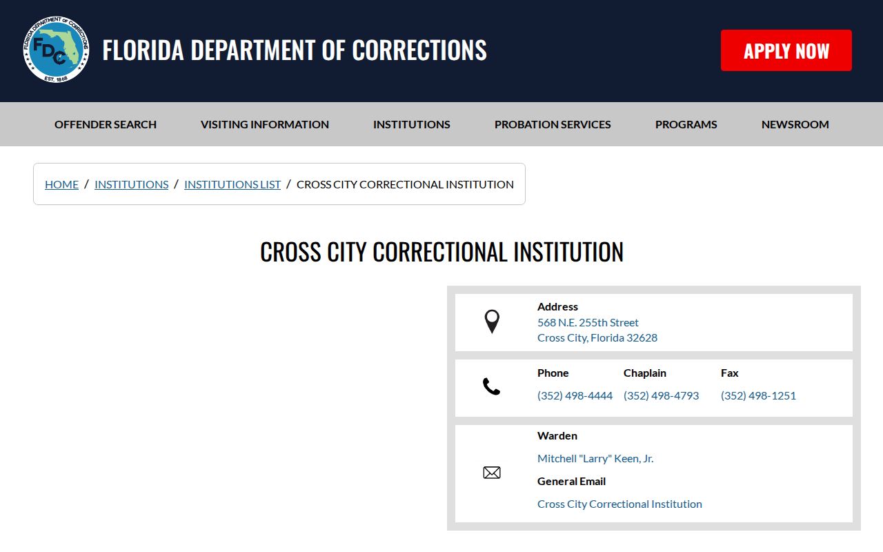 Cross City Work Camp FDC release and capacity listing