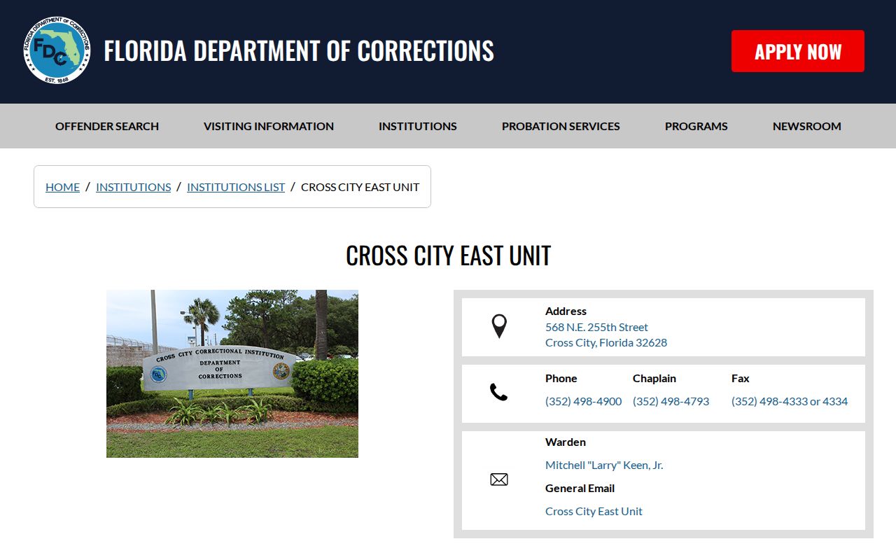 Cross City East Unit FDC release and facility details