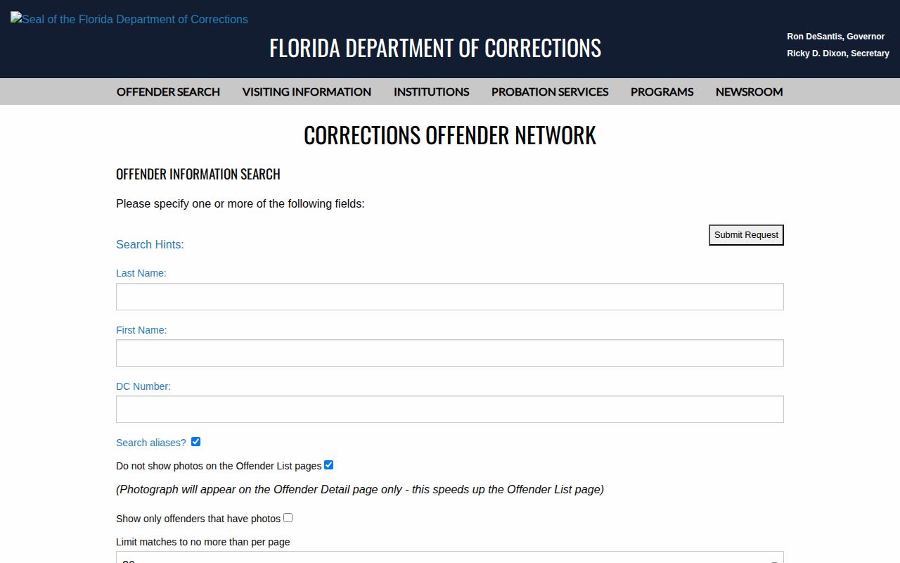Florida FDC offender search for Dixie County released inmates