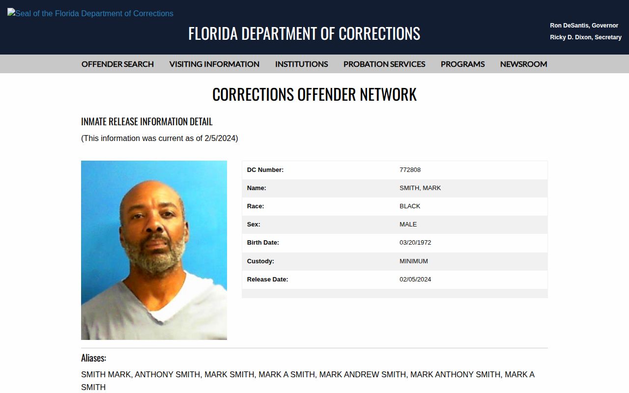 Dixie County released inmate mugshot in FDC release record