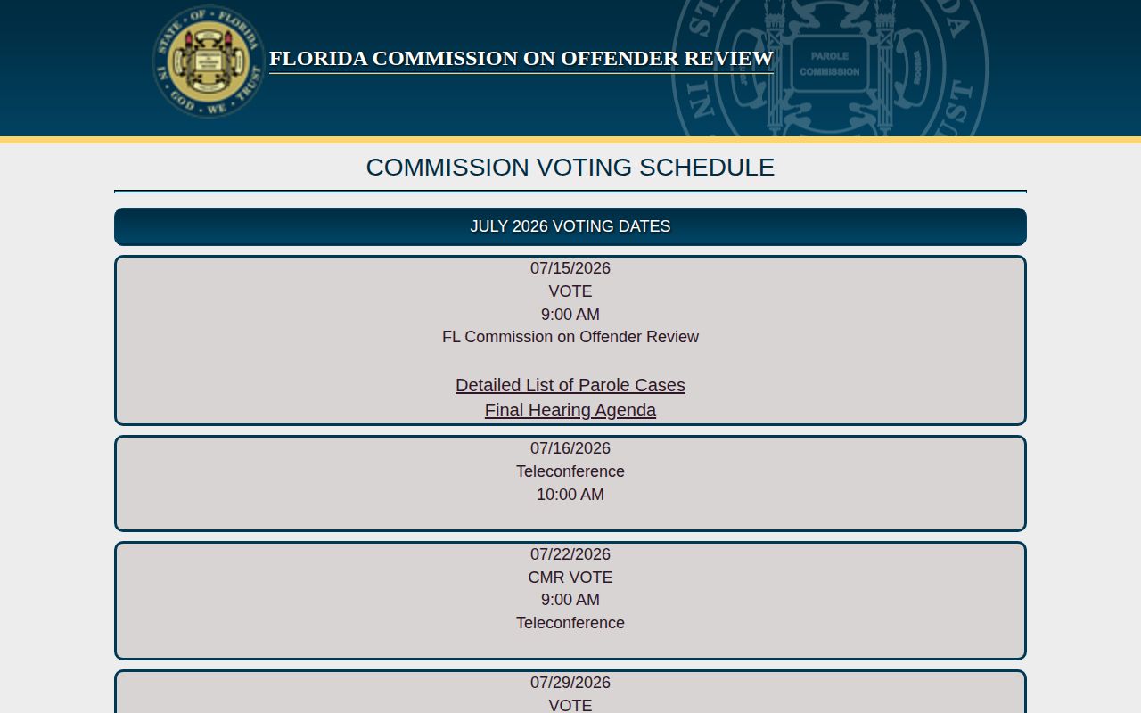 Dixie County parole hearing and voting schedule