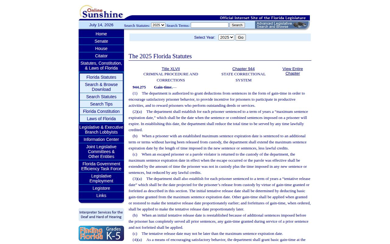 Dixie County projected release date Florida gain-time statute
