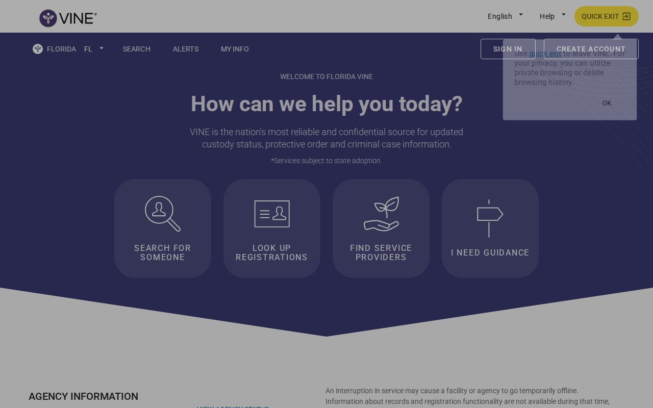 Dixie County VINELink release search landing screen