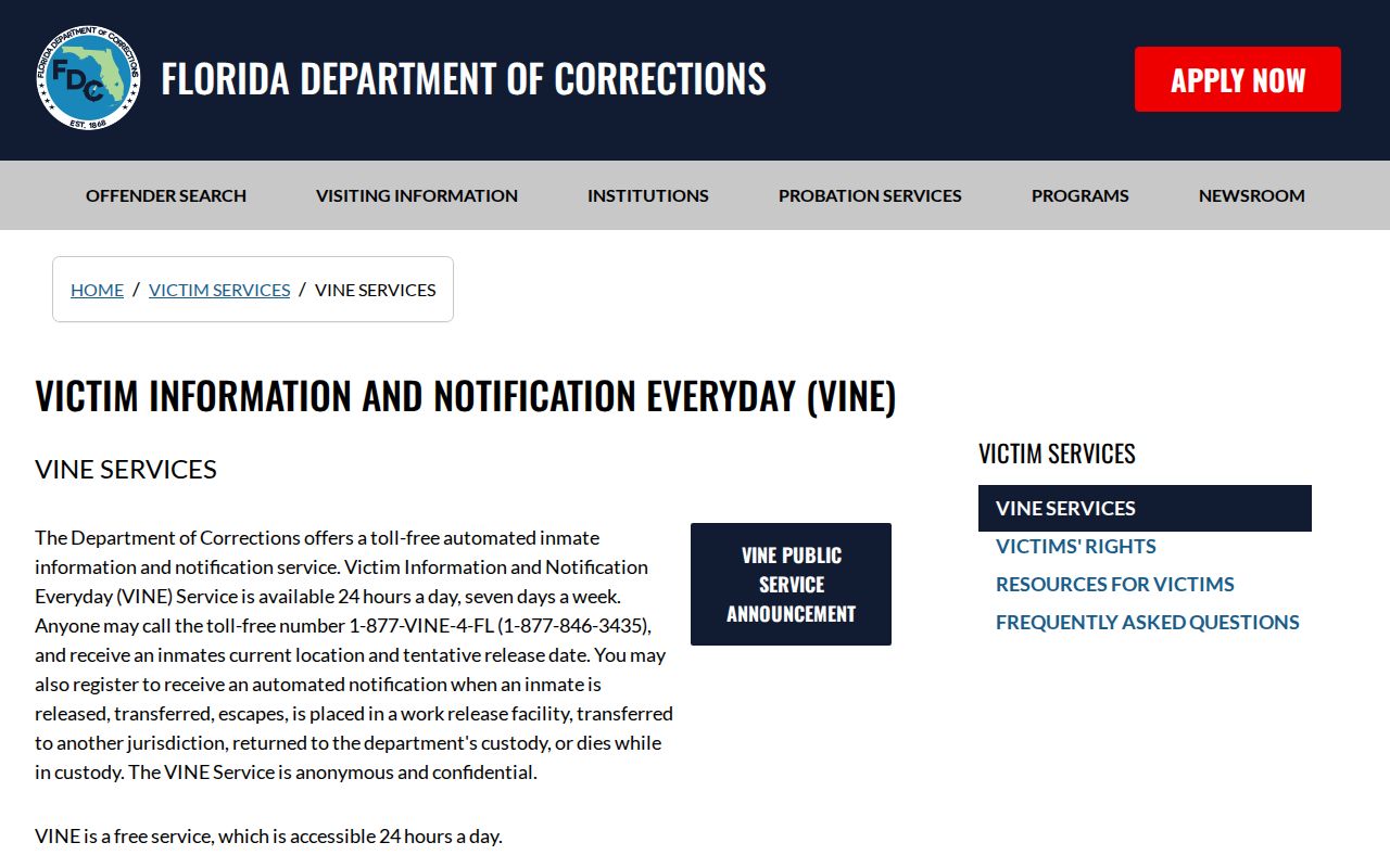 Official Florida VINE release notification rules for Dixie County